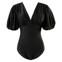 Load image into Gallery viewer, Solid Trikini Monokini Sexy Puff Sleeve Swimwear Deep V-neck Beach Bathing Suit Push Up Padded Swimsuit Lady One Piece Swimwear
