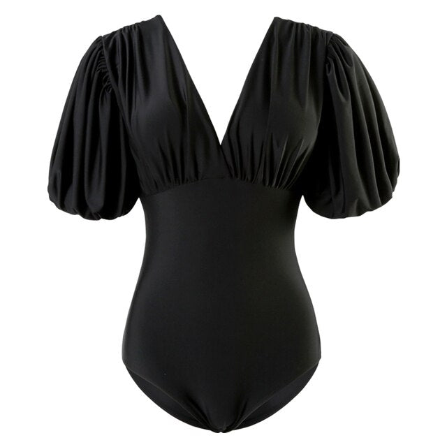 Solid Trikini Monokini Sexy Puff Sleeve Swimwear Deep V-neck Beach Bathing Suit Push Up Padded Swimsuit Lady One Piece Swimwear