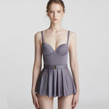 Load image into Gallery viewer, Solid Wrap Chest Padded Swimwear Monikini Sexy Push Up Beach Skirt Female Sport One Piece Bathing Suit with Belt