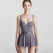 Load image into Gallery viewer, Solid Wrap Chest Padded Swimwear Monikini Sexy Push Up Beach Skirt Female Sport One Piece Bathing Suit with Belt