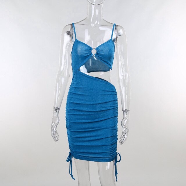 Spaghetti Strap Sexy Cut Out Mini Dresses Women Backless Bodycon Drawstring Tight Party Club Short Dress Summer Vacation Outfits