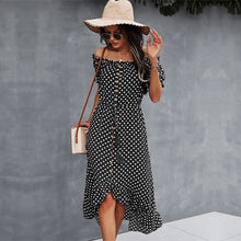 Load image into Gallery viewer, Spring 2021 New Ladies Dot Polka Print Dress Women Tassel Button Off The Shoulder Dress For Woman Sexy Slash Neck Summer Dress