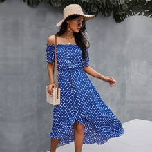 Load image into Gallery viewer, Spring 2021 New Ladies Dot Polka Print Dress Women Tassel Button Off The Shoulder Dress For Woman Sexy Slash Neck Summer Dress