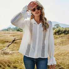 Load image into Gallery viewer, Spring 2021 Women Blusas &amp; Shirts  Solid Color Sexy Hollow Out Splicing Stand Collar Flare Sleeve Casual Elegant Shirt Top Mujer