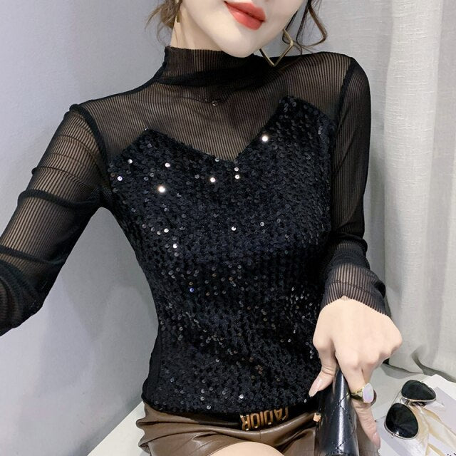 Spring 2022 New Women's Tops Fashion Long Sleeved Sequined Turtleneck Mesh T-Shirt Elegant Slim Patchwork Female Blusas