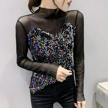 Load image into Gallery viewer, Spring 2022 New Women&#39;s Tops Fashion Long Sleeved Sequined Turtleneck Mesh T-Shirt Elegant Slim Patchwork Female Blusas