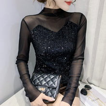 Load image into Gallery viewer, Spring 2022 New Women&#39;s Tops Fashion Long Sleeved Sequined Turtleneck Mesh T-Shirt Elegant Slim Patchwork Female Blusas