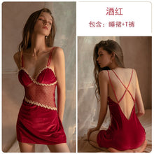 Load image into Gallery viewer, Spring And Autumn Sexy Velvet Mesh See-through Halter Suspender Nightdress Women Temptation Underwear Cute Halter Home Service