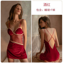Load image into Gallery viewer, Spring And Autumn Sexy Velvet Mesh See-through Halter Suspender Nightdress Women Temptation Underwear Cute Halter Home Service