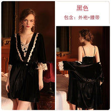 Load image into Gallery viewer, Spring And Autumn Women Sexy Black Velvet Deep V-neck Lace Nightgown Half Sleeve Robe with Belt Fashion Home Sleepwear Pajamas
