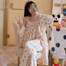 Load image into Gallery viewer, Spring Autumn 3PCS Sexy Long Sleeve Robes Pajama Sets for Women Floral Print Sleepwear Suit Pyjama Homewear Pijama Mujer Clothes