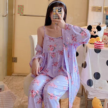 Load image into Gallery viewer, Spring Autumn 3PCS Sexy Long Sleeve Robes Pajama Sets for Women Floral Print Sleepwear Suit Pyjama Homewear Pijama Mujer Clothes