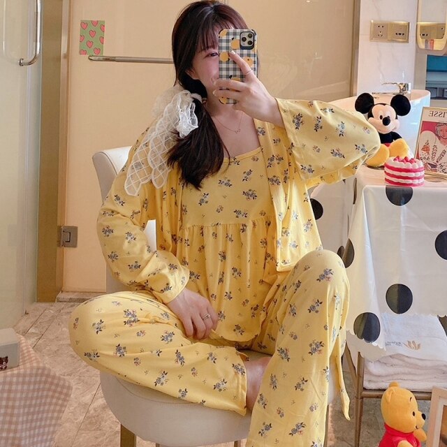 Spring Autumn 3PCS Sexy Long Sleeve Robes Pajama Sets for Women Floral Print Sleepwear Suit Pyjama Homewear Pijama Mujer Clothes