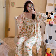 Load image into Gallery viewer, Spring Autumn 3PCS Sexy Long Sleeve Robes Pajama Sets for Women Floral Print Sleepwear Suit Pyjama Homewear Pijama Mujer Clothes