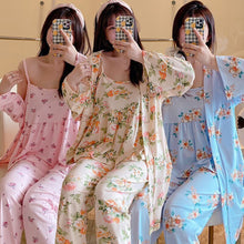 Load image into Gallery viewer, Spring Autumn 3PCS Sexy Long Sleeve Robes Pajama Sets for Women Floral Print Sleepwear Suit Pyjama Homewear Pijama Mujer Clothes