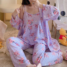 Load image into Gallery viewer, Spring Autumn 3PCS Sexy Long Sleeve Robes Pajama Sets for Women Floral Print Sleepwear Suit Pyjama Homewear Pijama Mujer Clothes