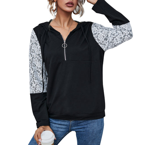 Spring Autumn Oversize Women's Hoodie  Fashion Lace Splicing Long Sleeve Drawstring Zipper Casual Mujer Tops Sweatshirts Female