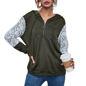 Spring Autumn Oversize Women's Hoodie  Fashion Lace Splicing Long Sleeve Drawstring Zipper Casual Mujer Tops Sweatshirts Female