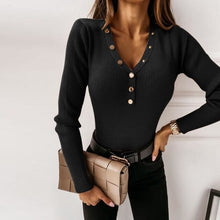 Load image into Gallery viewer, Spring Autumn Slim Bottomed Long Sleeve Women Shirt Sexy Deep V Neck sweater Button T Shirts Elegant Casual Solid knitting Tops