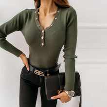Load image into Gallery viewer, Spring Autumn Slim Bottomed Long Sleeve Women Shirt Sexy Deep V Neck sweater Button T Shirts Elegant Casual Solid knitting Tops