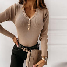 Load image into Gallery viewer, Spring Autumn Slim Bottomed Long Sleeve Women Shirt Sexy Deep V Neck sweater Button T Shirts Elegant Casual Solid knitting Tops