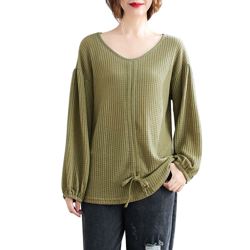 Spring Autumn Women Knitted Pullover Drawstring V-Neck Lantern Sleeve Shirts Loose Fit wear Casual Solid Female Sweater Tops