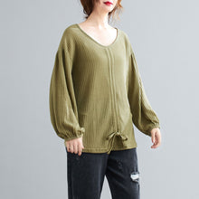 Load image into Gallery viewer, Spring Autumn Women Knitted Pullover Drawstring V-Neck Lantern Sleeve Shirts Loose Fit wear Casual Solid Female Sweater Tops