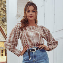 Load image into Gallery viewer, Spring Autumn Women Shirts Retro Check Lantern Sleeve Square Neck Loose Shirt Top Casual All-match Top Blouses