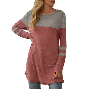Spring Autumn  Women T-Shirts New Fashion Splicing O-Neck Long Sleeves Soft Tees Loose Fit Casual ChicTops Femme Sweatshirt