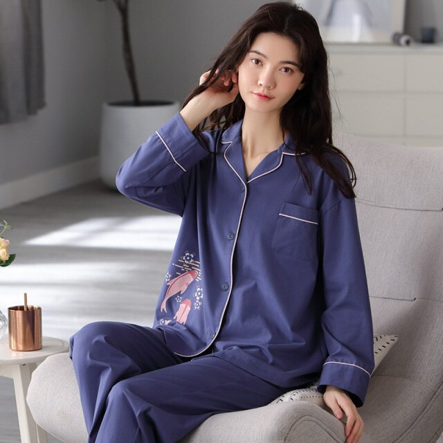 Spring Cardigan Sleepwear Women Fish Print Purple Pajamas Set Cotton Long Sleeve Home Clothes Loose Large Size Women Pijama XXXL