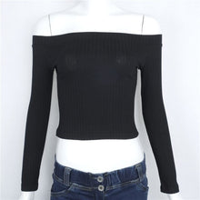 Load image into Gallery viewer, Spring European and American fashion slim body long sleeves show shoulder a word shoulder solid color T-shirt blouse woman