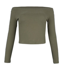 Load image into Gallery viewer, Spring European and American fashion slim body long sleeves show shoulder a word shoulder solid color T-shirt blouse woman