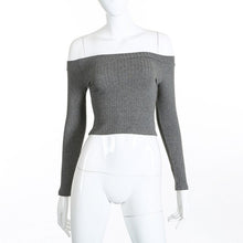 Load image into Gallery viewer, Spring European and American fashion slim body long sleeves show shoulder a word shoulder solid color T-shirt blouse woman