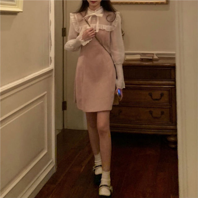 Spring Kawaii Dress Women Elegant Bandage Patchwork Mini Dress Female Casual Japanese Style Streetwear Korean Dress Women 2021