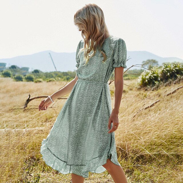 Spring Ladies New Ruffles Dot Print Dress Women Casual O Neck High Waist Lace Up Dress For Women 2021 Fashion Summer Dress