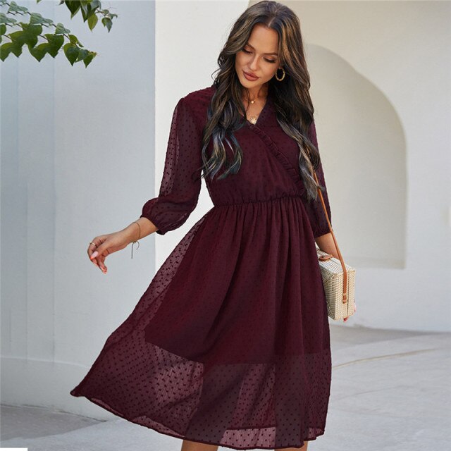 Spring New Chiffon Dress Women Casual Solid Color  V Neck Three Quarter Sleeve High Waist Dress For Women 2021 Summer Dress