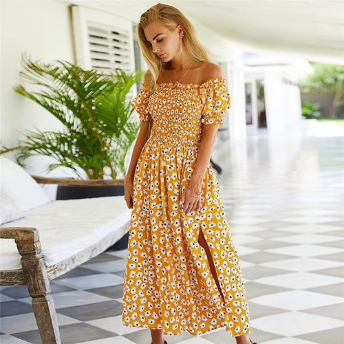 Spring New Off The Shoulder Dress Women Casual Slim High Waist Print Dress For Women 2021 Sexy Slash Neck Summer Dress