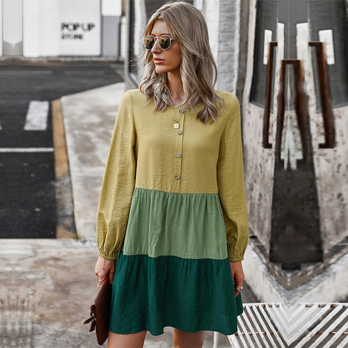 Spring New Patchwork Dress Women Casual Full Sleeve O Neck Button Simple Dress For Women 2021 Summer Dress