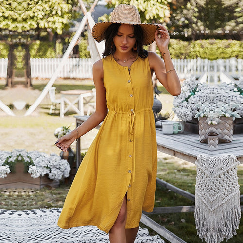 Spring New Sleeveless Dress Women Casual Solid Color Lace Up High Waist Button Dress For Women 2021 Holiday Style Summer Dress