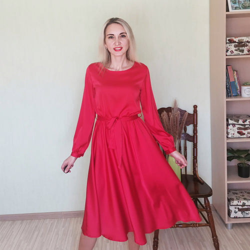 Spring New Women Satin Dress Casual O Neck Lantern Sleeve Solid Color Party Dress Female Vintage Fashion Sashes A-Line Dresses