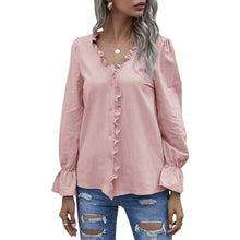 Load image into Gallery viewer, Spring New Womens Tops And Blouses Fashion Ruffle V Neck Long Sleeve Autumn Shirt Casual Slim Chic Tops Feminine