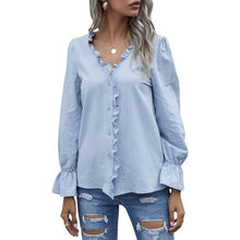 Load image into Gallery viewer, Spring New Womens Tops And Blouses Fashion Ruffle V Neck Long Sleeve Autumn Shirt Casual Slim Chic Tops Feminine