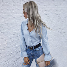 Load image into Gallery viewer, Spring New Womens Tops And Blouses Fashion Ruffle V Neck Long Sleeve Autumn Shirt Casual Slim Chic Tops Feminine