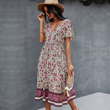 Load image into Gallery viewer, Spring Print Dress Women Casual Short Sleeve V Neck  High Waist Dress For Woman 2021 New Bohemian Summer Dress