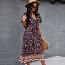 Load image into Gallery viewer, Spring Print Dress Women Casual Short Sleeve V Neck  High Waist Dress For Woman 2021 New Bohemian Summer Dress