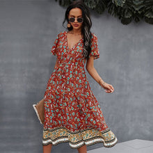 Load image into Gallery viewer, Spring Print Dress Women Casual Short Sleeve V Neck  High Waist Dress For Woman 2021 New Bohemian Summer Dress