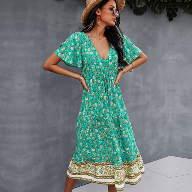 Spring Print Dress Women Casual Short Sleeve V Neck  High Waist Dress For Woman 2021 New Bohemian Summer Dress