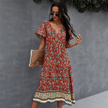Load image into Gallery viewer, Spring Print Dress Women Casual Short Sleeve V Neck  High Waist Dress For Woman 2021 New Bohemian Summer Dress