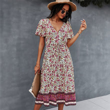 Load image into Gallery viewer, Spring Print Dress Women Casual Short Sleeve V Neck  High Waist Dress For Woman 2021 New Bohemian Summer Dress