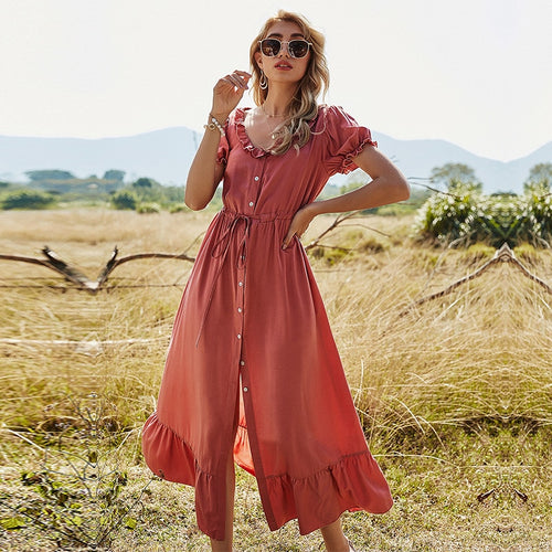 Spring Puff Sleeve Long Dress Women Solid Color Ruffles Button High Waist O Neck Elegant Dress For Women 2021 New Casual
